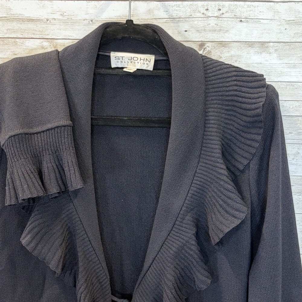VTG St. John Womens 12 Cardigan Long Sweater Open Front Dk. Navy Ruffle Made USA